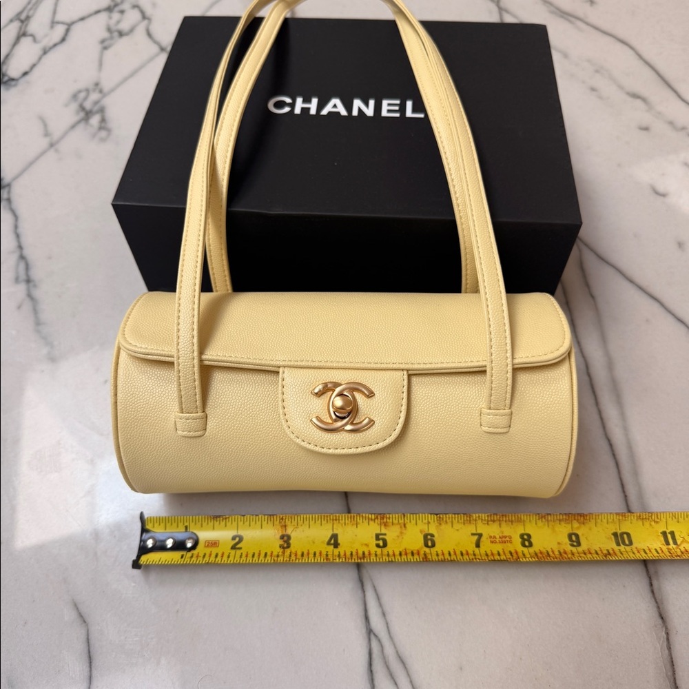 Chanel CC 26 bowling cylinder bag pale yellow leather shoulder purse